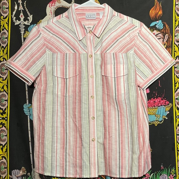 Vintage Villager Sport Petites short sleeved striped, tailored, fitted button up - Picture 1 of 8
